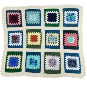 Vintage Handmade 33"x37" Crochet Colorful Granny Square Afghan Lap Throw Blanket